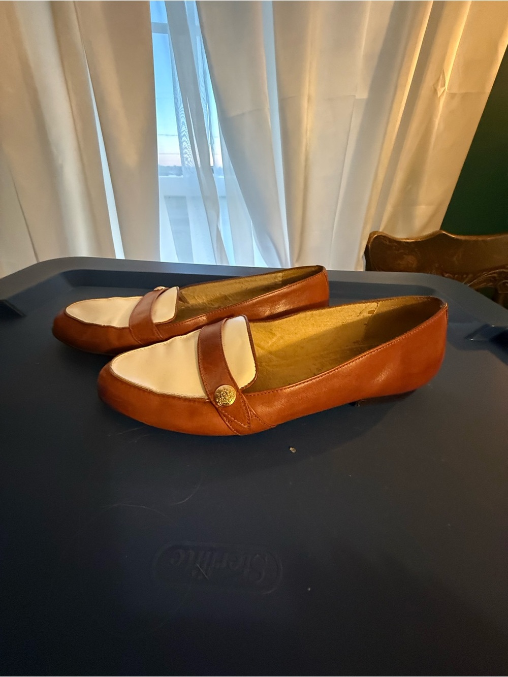 Etienne Aigner Brown and White Two-Tone Penny Loafers